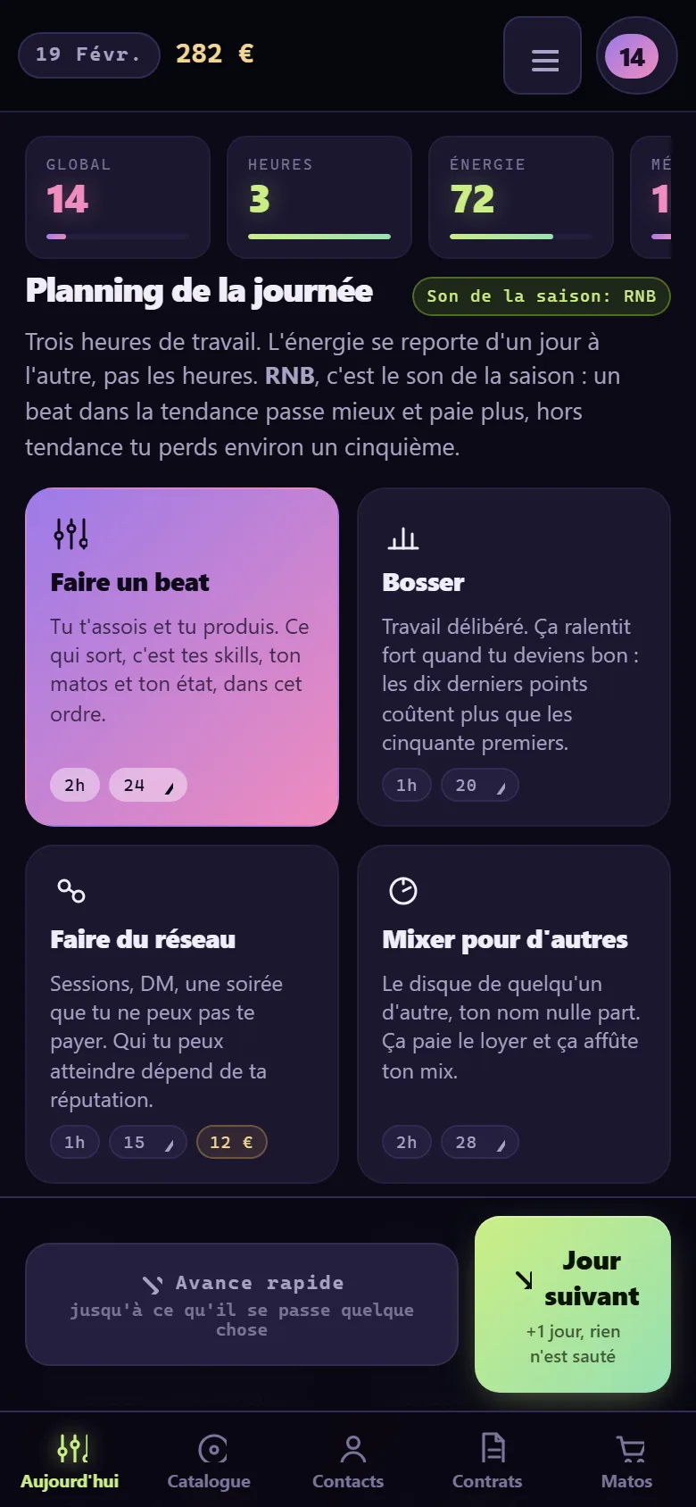 L'écran « Aujourd'hui » du jeu sur téléphone : la date, le solde, trois heures, l'énergie, et les actions de la journée.