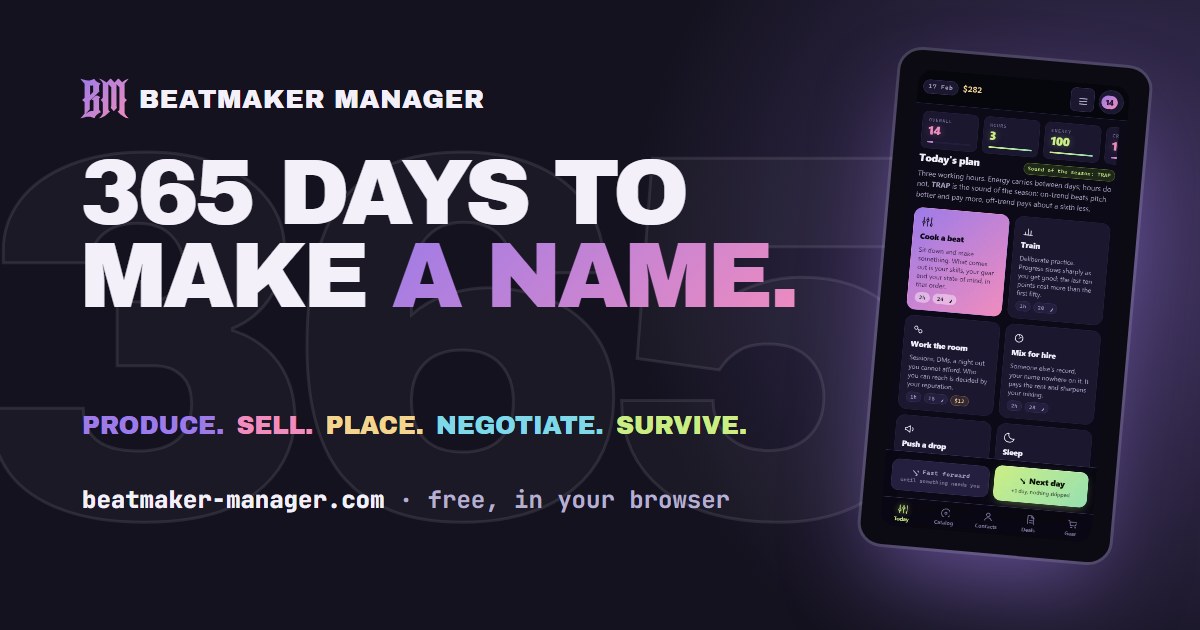 Beatmaker Manager: 365 days to make a name. The game on a phone, the Today screen with three hours and the day's actions.